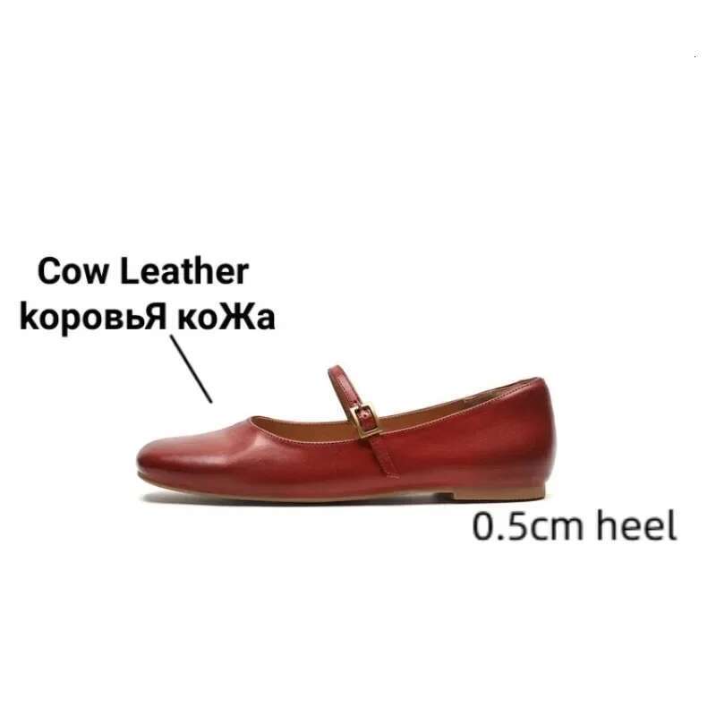 LeShion of Chanmeb Women's Real Leather Mary Jane Brown Vintage Buckle Comfort Flats Red Soft Black Ballet Shoes Ladies 40