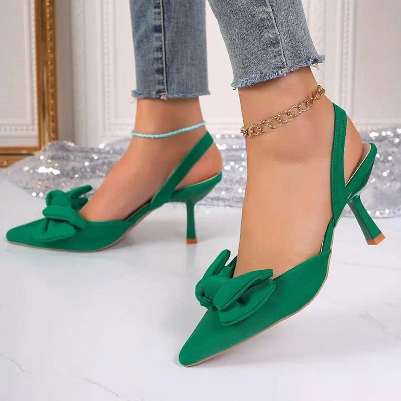 2024 Wens Shoes Summer New Sle Bow Wens Slingback High H Sexy Dress Stiletto Pointed Toe Wens High H Wen Z250326