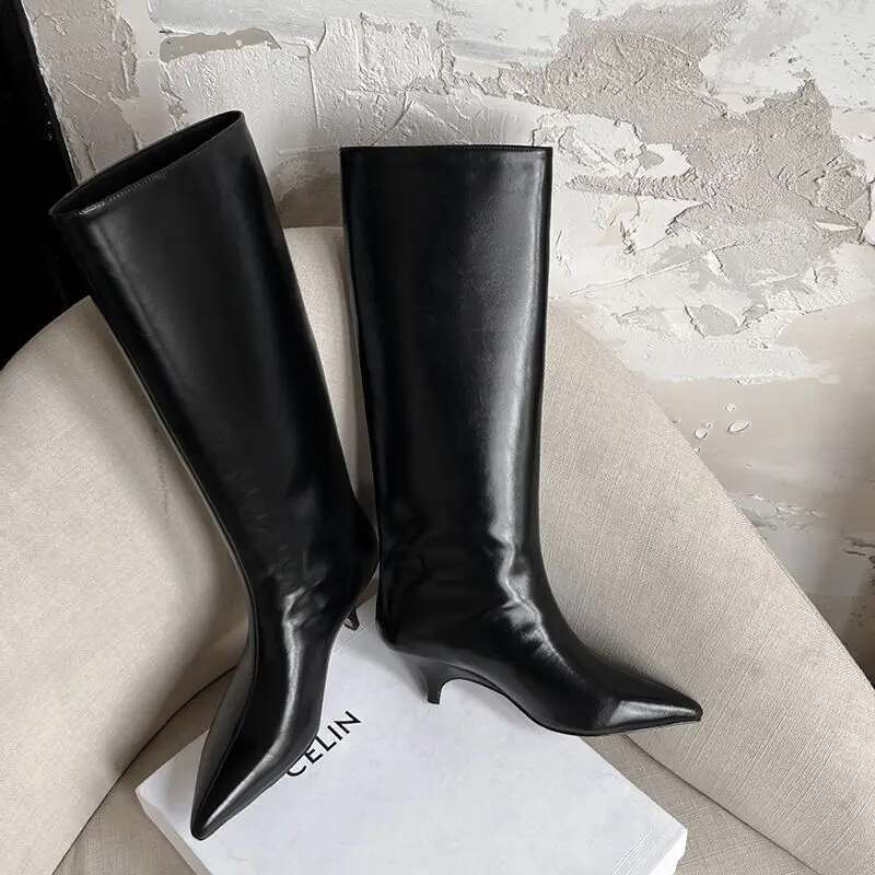 High Heel QUTAA News Winter Women Knee High Pointed Toe Fashion Woman Shoes Low Heel Leather Long Boots Black Size