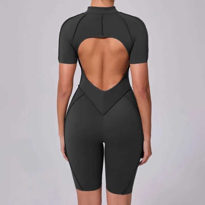 Seamless yoga jumpsuit sports and fitness zipper hip lift short sleep open back dance training suit womens fitness suit W250326