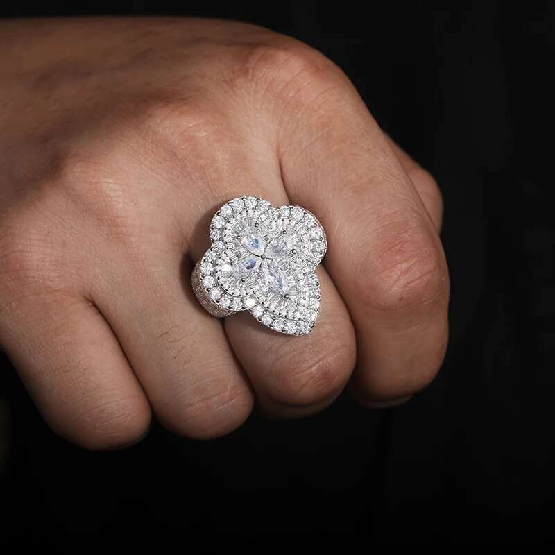 TUHE Unisex 925 Silver Geometry Ring Moissanite Stone Iced Out Couple Rings for Women Men Hip Hop Gifts