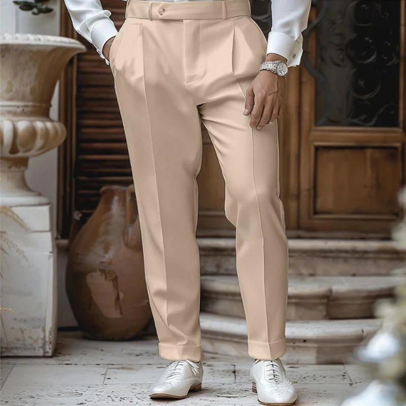 Spring and summer casual breathable set mens Trouser retro solid color loose straight pants mens casual pleated Trouser 250321