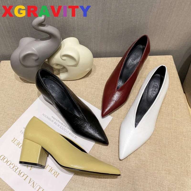 New Spring Autumn HIgh Heel Elegant Chunky High Heeeled Pumps Sexy Pointed Toe Evening Women V Cut Shoes c324