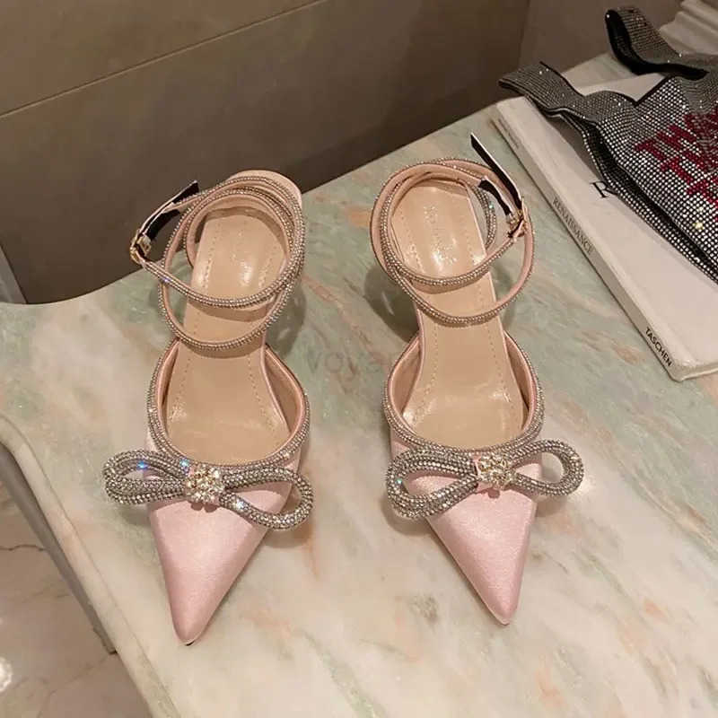 Black/White Glitter Rhinestone Wen Pumps Crystal Bowknot Summer Ladies Sandals Shoes 7CM High H Par Pr Wedding Shoes Z250326