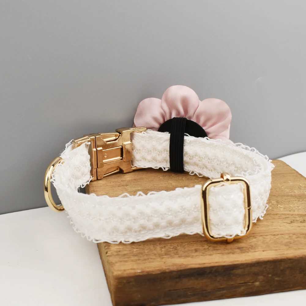 White lace dog collar with personalized engraving of names pet wedding collar dog accessories luxurious lace 03 X250326