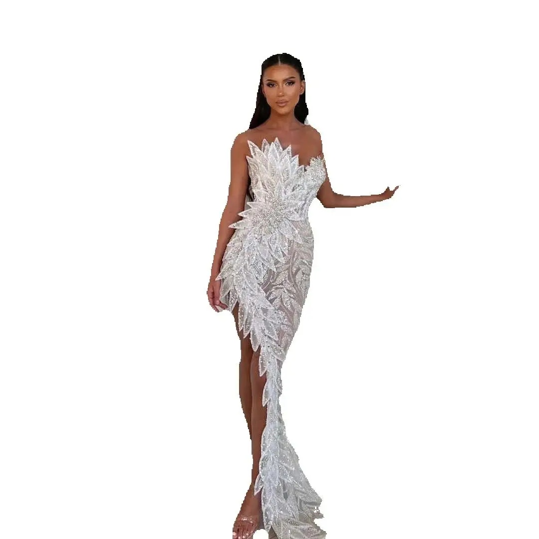Strapless Mermaid Evening Dress Beading Sequined Side Split Long Prom Dresses Customized Tulle Sexy Illusion Party Gown