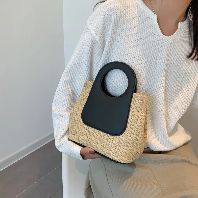 Summer Vintage Straw Bag with Color Block Splicing Hand-Woven Bag Large Capacity Simple and Fashionable Top-Handle Bag Handbag 250325