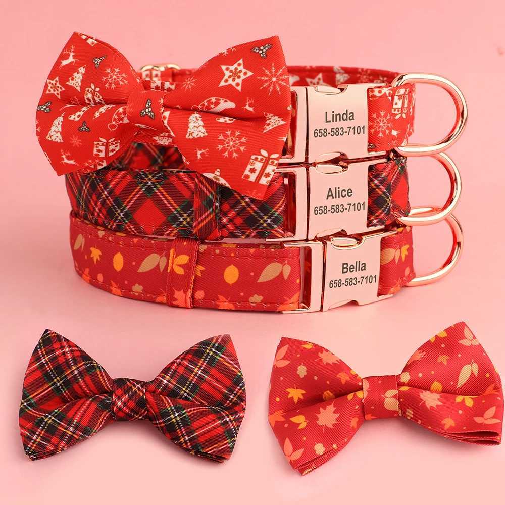 Personalized Christmas dog collar customized red checkered pet collar with bow no engraved ID name tag pet accessories X250326