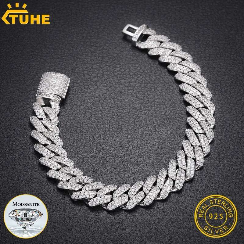 Fine Jewelry 14mm Cuban Link Chain Moissanite Bracelet For Men 925 Silver Hip Hop Jewelry
