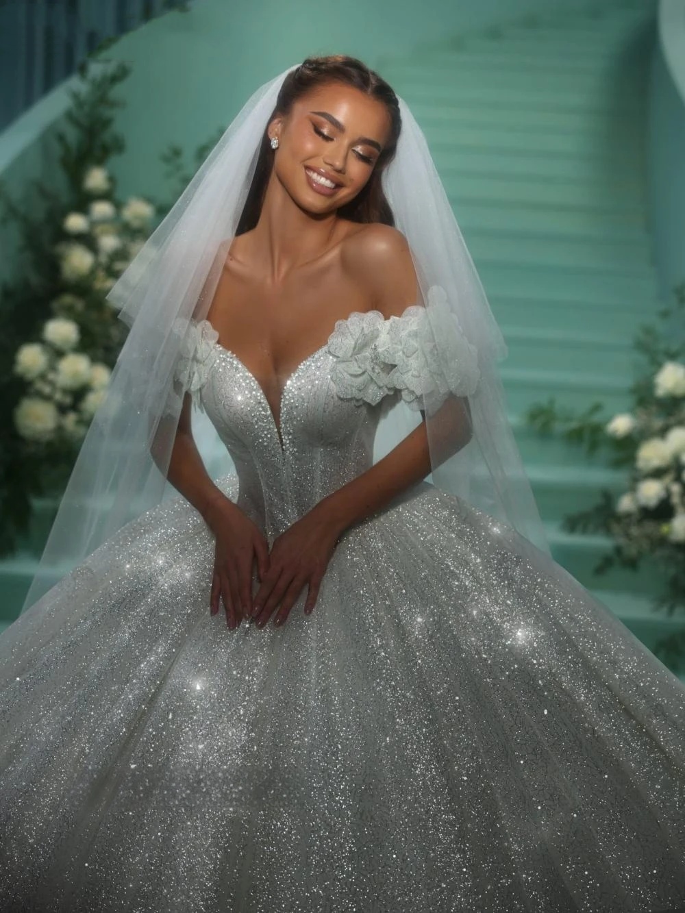 Shiny Wedding Dress Sequins Pearls Bridal Ball Gowns V Neck Off Shoulder Custom Made Sparkly Backless Princess Bride Dresses Vestido De Novia Plus Siz