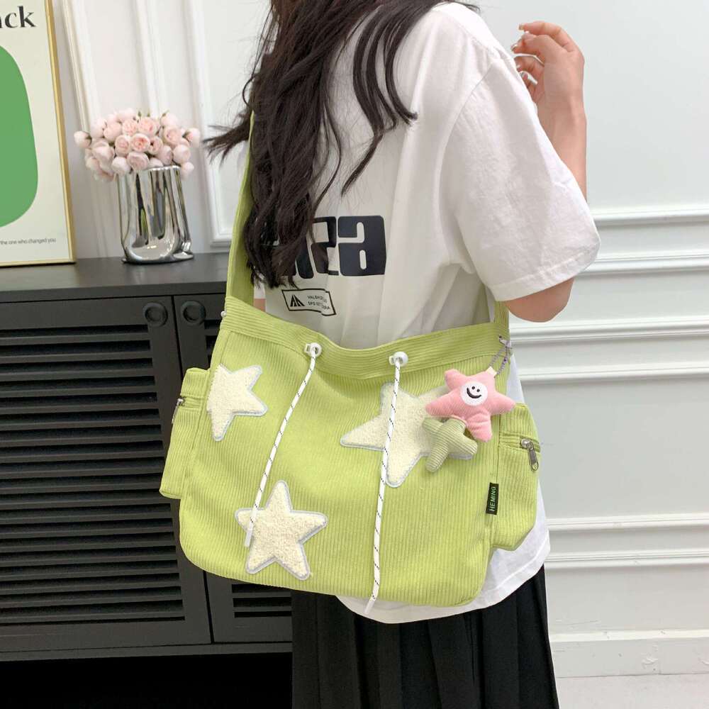 c8 Large capacity corduroy for women's one shoulder ins fashionable and versatile five pointed star crossbody cute student tote bag