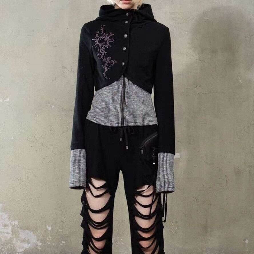 Autumn New Hooded Autumn Knitted Y2k Top Niche Punk Slim Fit Cardigan Long Sleeved Patchwork Sweatshirt