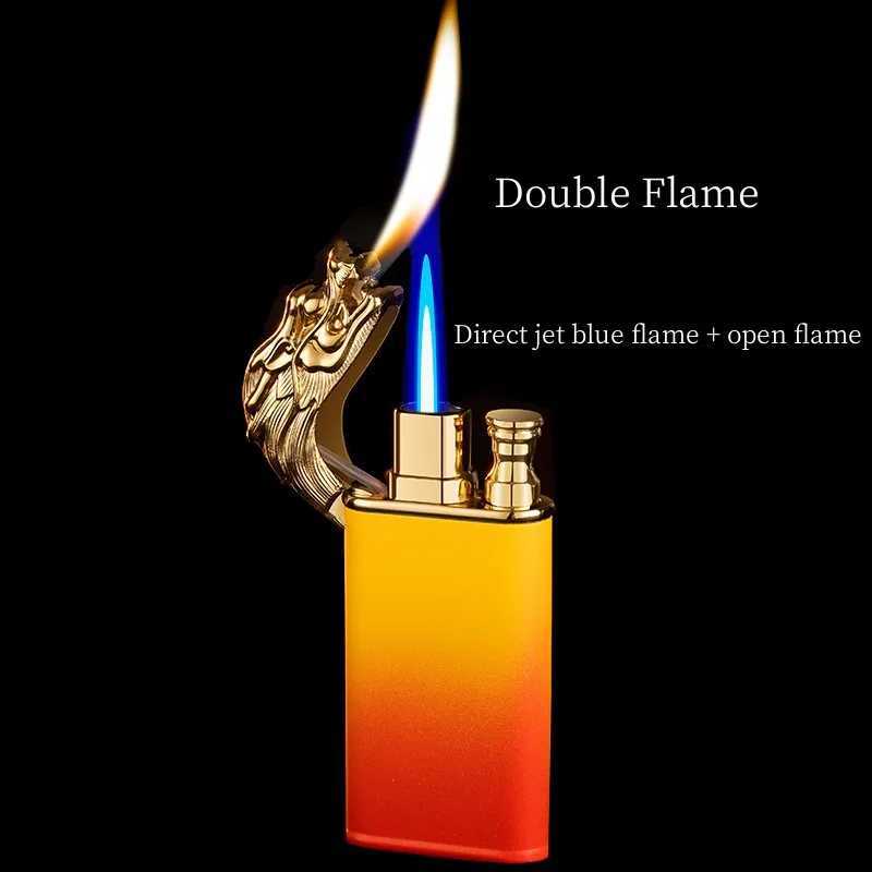 Metal Lighters Double Flame Cigarette Lighters Windproof Inflatable Lighters Gradient Colour Butane Torch Lighters Mens GiftsC250326