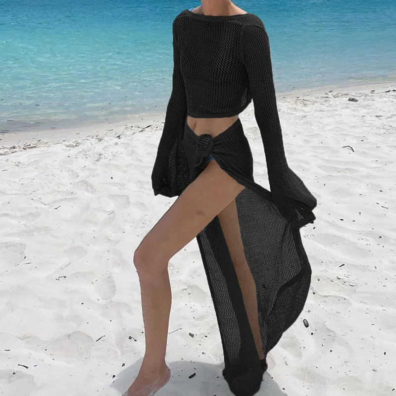 knitting Long Sleeve Bonds Top One piece Skirt Women Beach Vacation Bikini Cover Up Sun Bathing See-Through Sunscreen Smock 250324