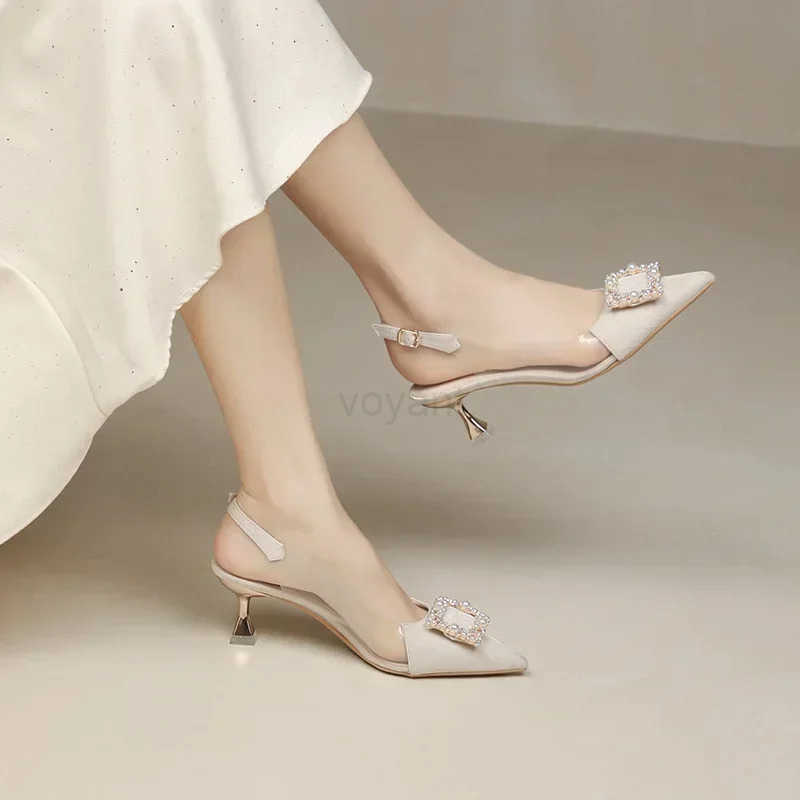 Wens Sandals 2024 Summer New Sle Fashion Shoes Black Satin Crystal Strass Poin Toe Transparent High H Z250326