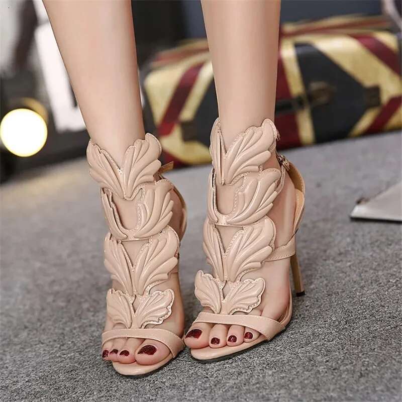Style Rome Metal Wings Stiletto Women's Sandals Gold Patent Leather High Heels Fashion Ladies Open Toe Double Buckle Party Shoes
