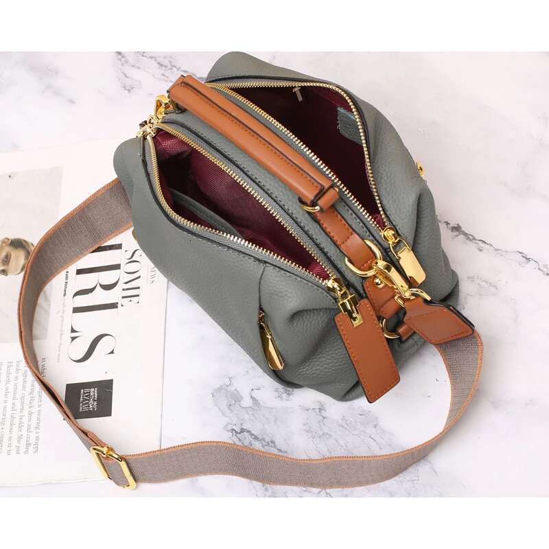 Compartments 2 Straps Roomy Handbag Women Genuine Leather Messenger Female Shoulder Cross-Body Bag D360