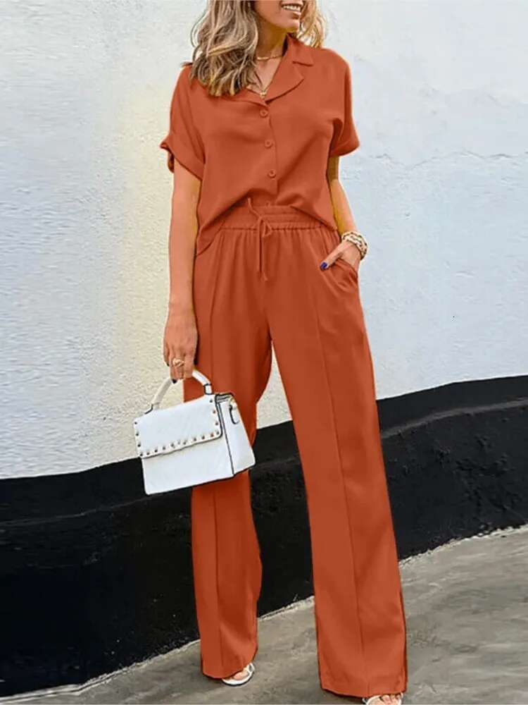 2025 Summer New Women Two Piece Sets Solid Color Short Sleeve Lapel Button Wide Leg Suit Female Fashion Casual Ladies Outfits