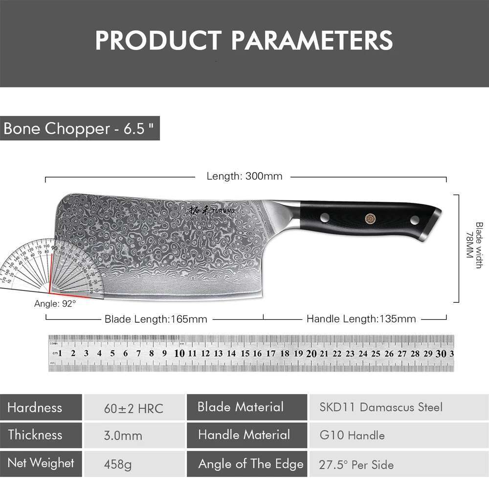 TURWHO 6.5" Bone Chopper 67 Layer Japanese Skd11 Damascus Steel Kitchen Cleaver Boning Cutting Meat Knife With G10 Handle