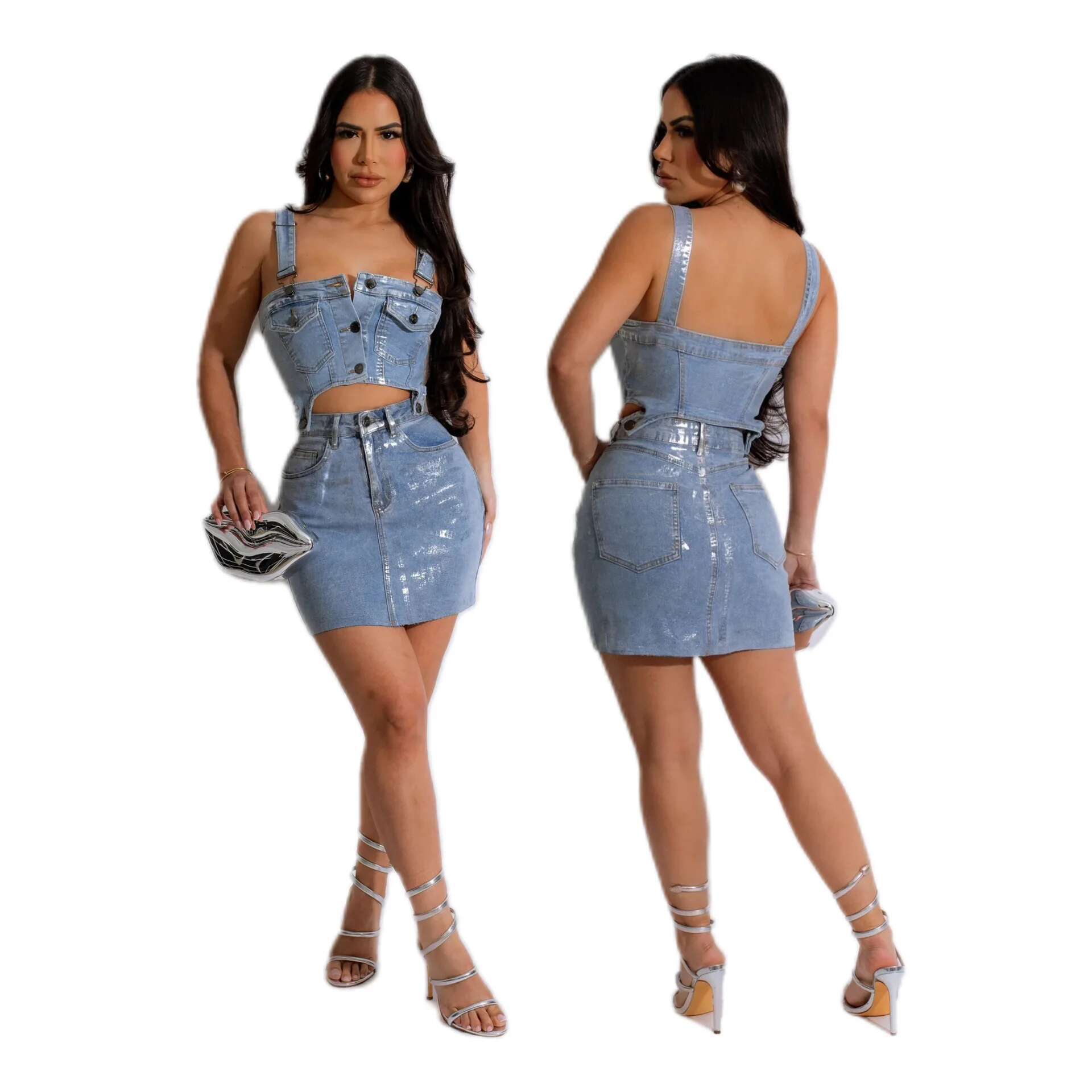 Streetwear Jeans Outfit Sexy Women Elegant Two Pieces Denim Club Matching Set Top+Mini Skirt