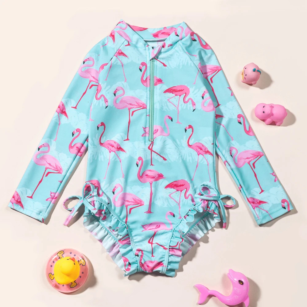 Girls Long Sleeve Flamingo Swimwear Summer Beach Bathing Suit One Piece Swimsuit Swimming Costumes for Children 250326