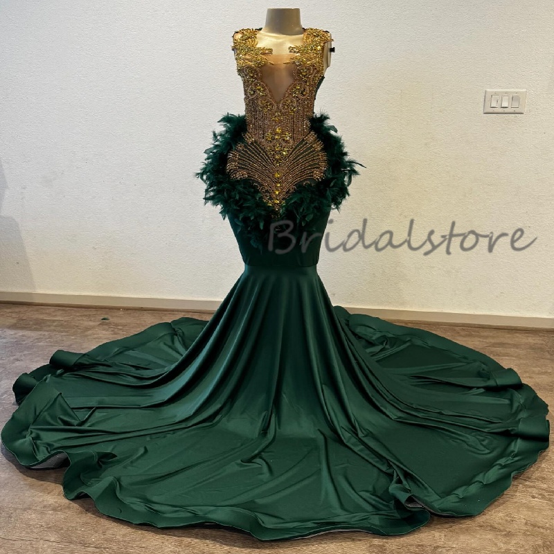 Statement-making Green And Gold Prom Dress With Diamond Rhinestone Plus Size Mermaid Black Women Evening Dress Feather Customized Bespoke Occasion Par