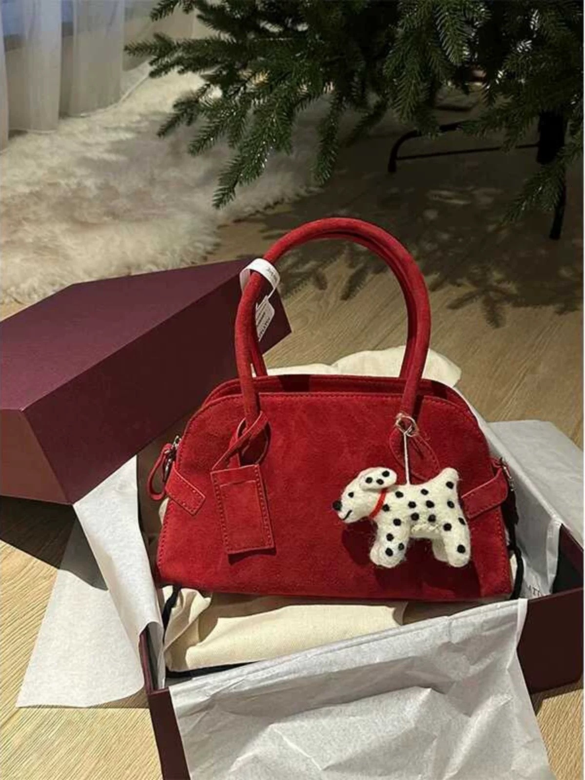 Designer 2025S high-end red suede early autumn new compact handbag commuting versatile tote bag women bag