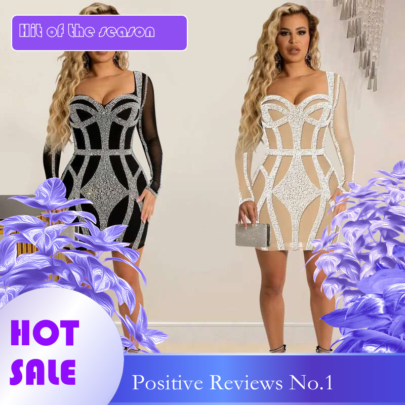 Dongdumaoyi Mode Nachtclub Hot Boren Mesh Doorzichtige Verpakte Borst Midi Rok Jurk Met Lange Mouwen C