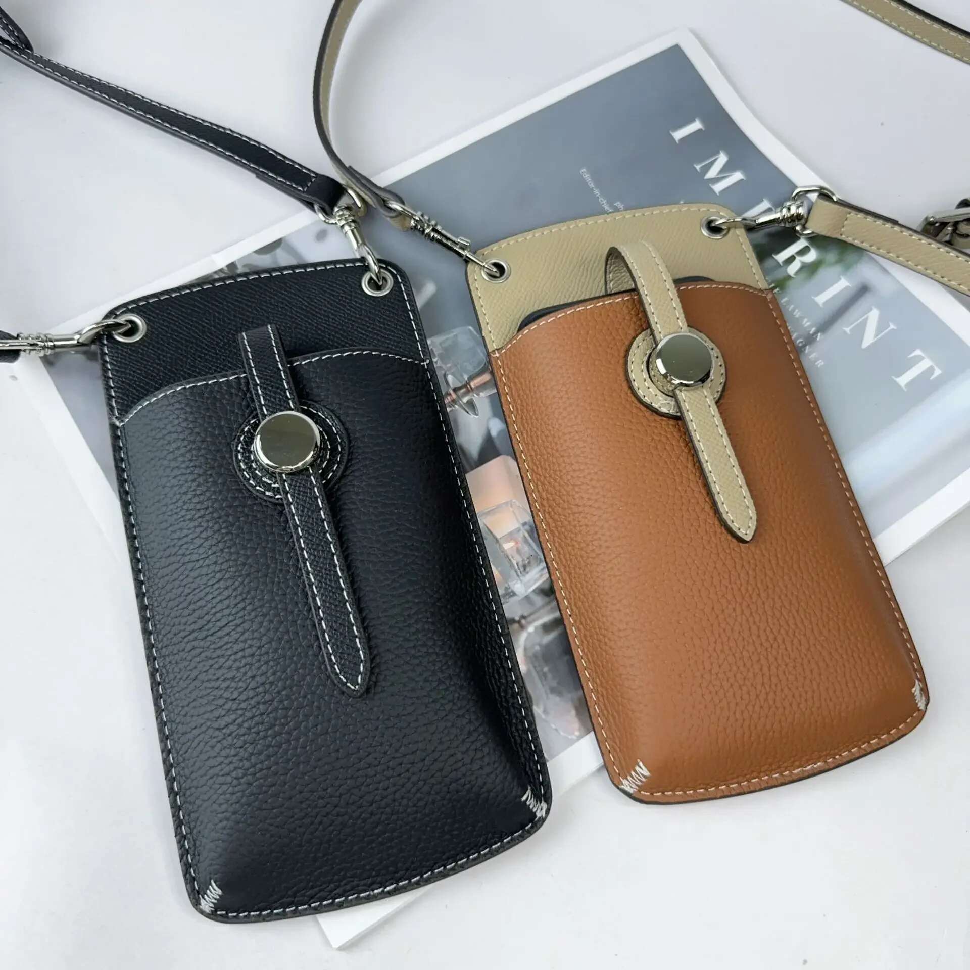 Genuine Leather Drawstring Phone Vertical Single Shoulder Crossbody Trendy Card Bag, Mini Purses And Handbags
