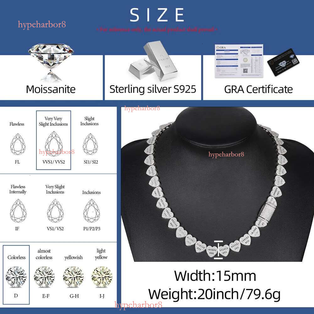 Dropshipping Hip Hop Jewelry 13mm Sterg Sier VVS Moissanite Dia Iced Out Heart Shape Tennis Chain Necklace