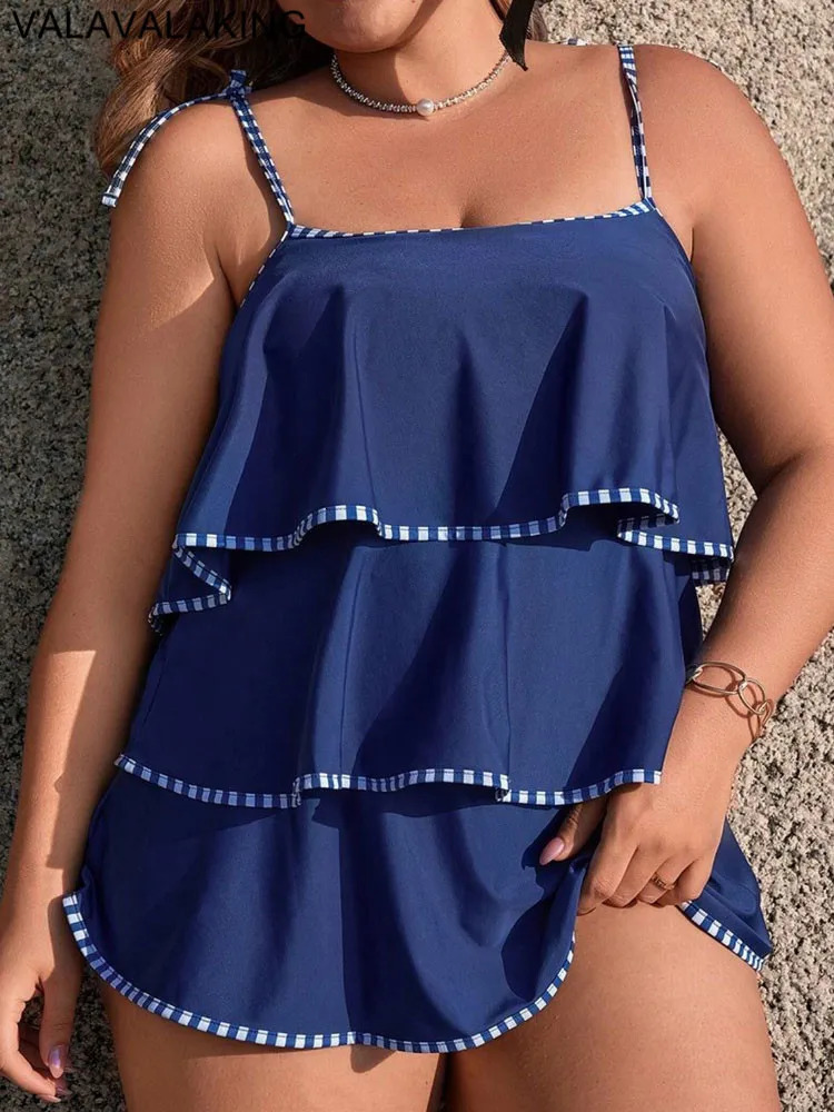 2025 Strapped 2 Piece Plus Size Tankini Set Women Solid Ruffle Large Big Swimsuit Beach Lady Swimwear Chubby Curvy Bathing Suit 250324