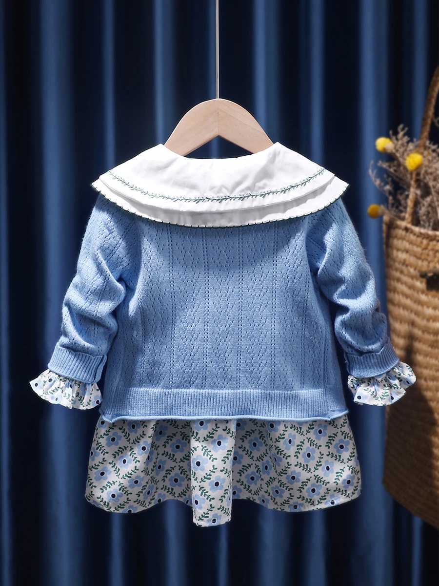 Girls Korean two-piece dress autumn new item knitted sweater cardigan wool sweater floral dress childrens country sled W250326