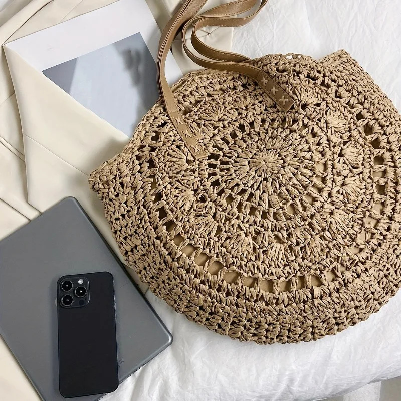 1pcs Minimalist Hollow Round Paper Rope Woven Shoulder Bag Casual Beach Tote Handbag Bohemian Style for Travel bag 250325