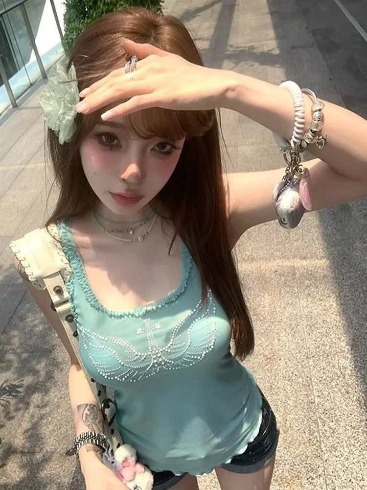 mesh patchwork vest summer sleeveless top sleeveless top sleeveless Y2k E-Girl ultra-thin suitable for women diamond white vest 250321
