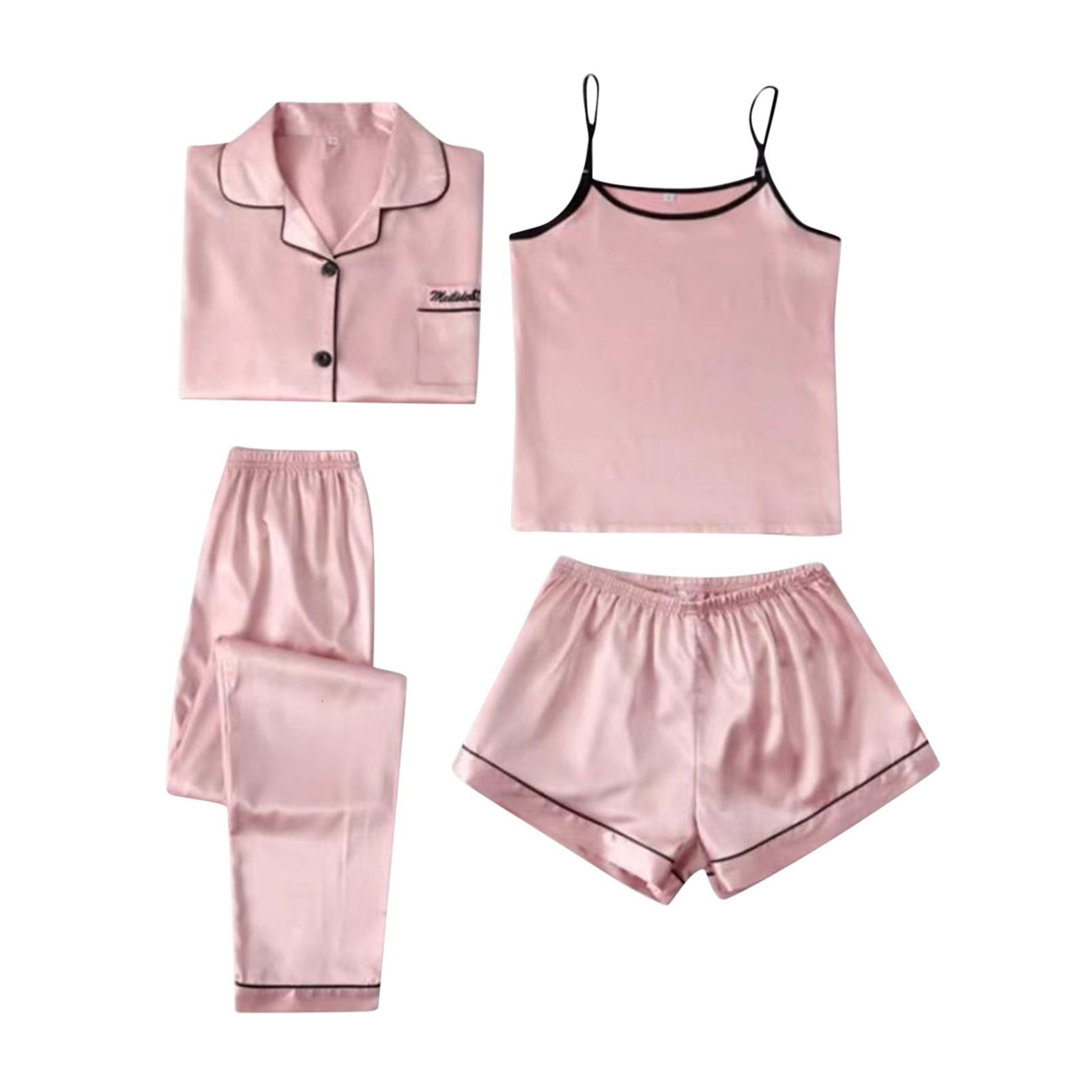 Spring/Summer Women's Home Clothing with Embroidered Fashion Strap Sleepwear Thin Four Piece Set