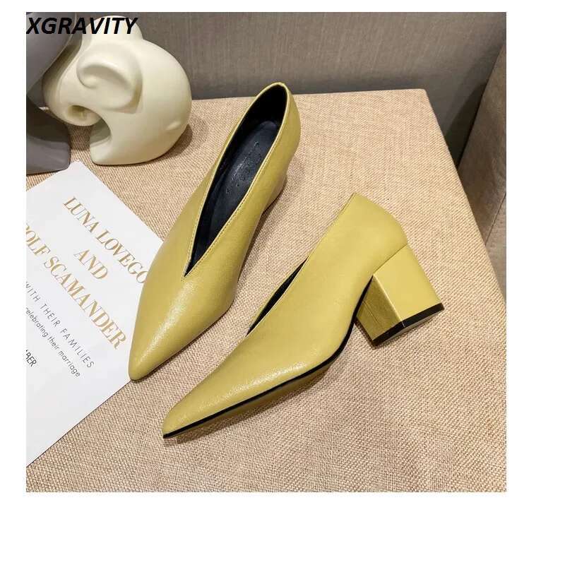 New Spring Autumn HIgh Heel Elegant Chunky High Heeeled Pumps Sexy Pointed Toe Evening Women V Cut Shoes c324