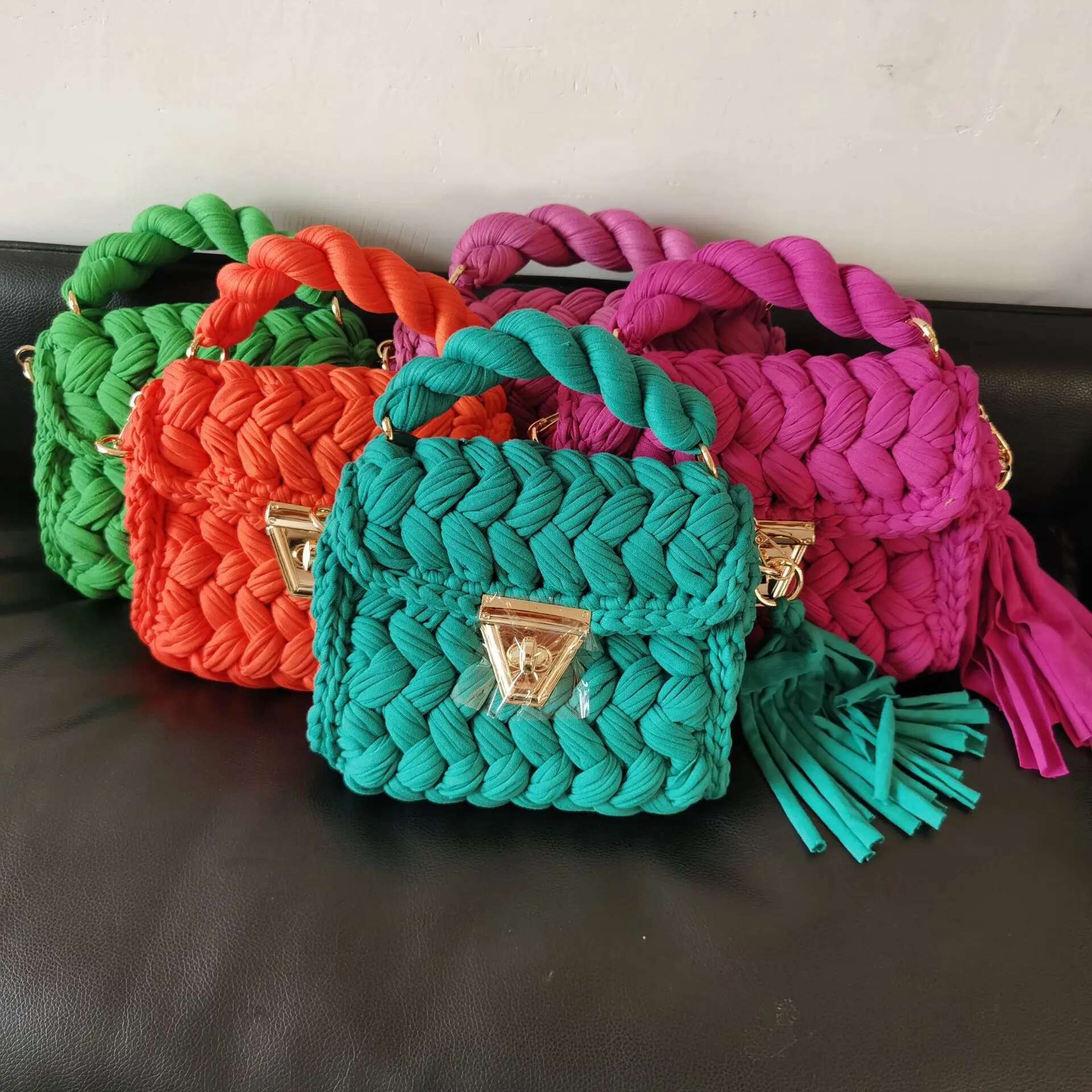 Women's BAG Beige Solid Color Cloth Strip Woven Bag Square Tassel Shoulder Diagonal Crossbags For Women Designer Handbag
