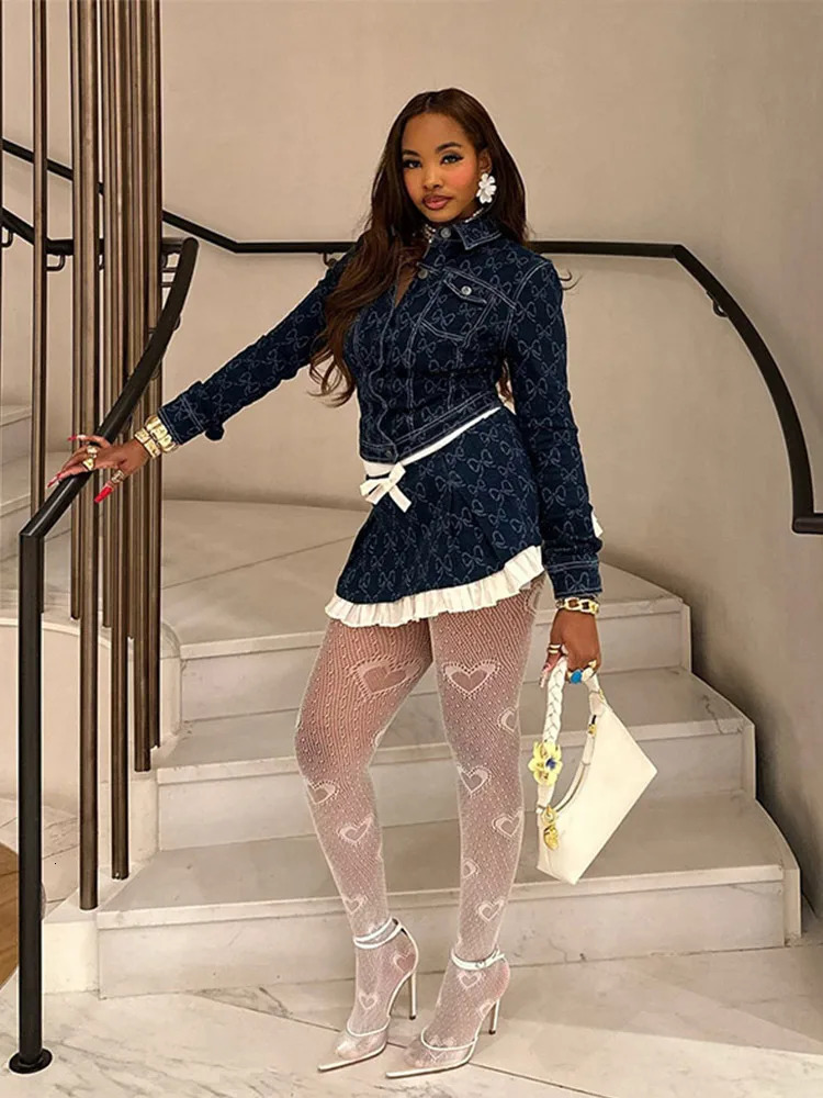 Fashion Denim Jacket Womens 2-Piece Set Lapel Bow Printed Long Sleeve Tops Jeans Patchwork Ruffle Hem Mini Skirts Lady Outfits 250321