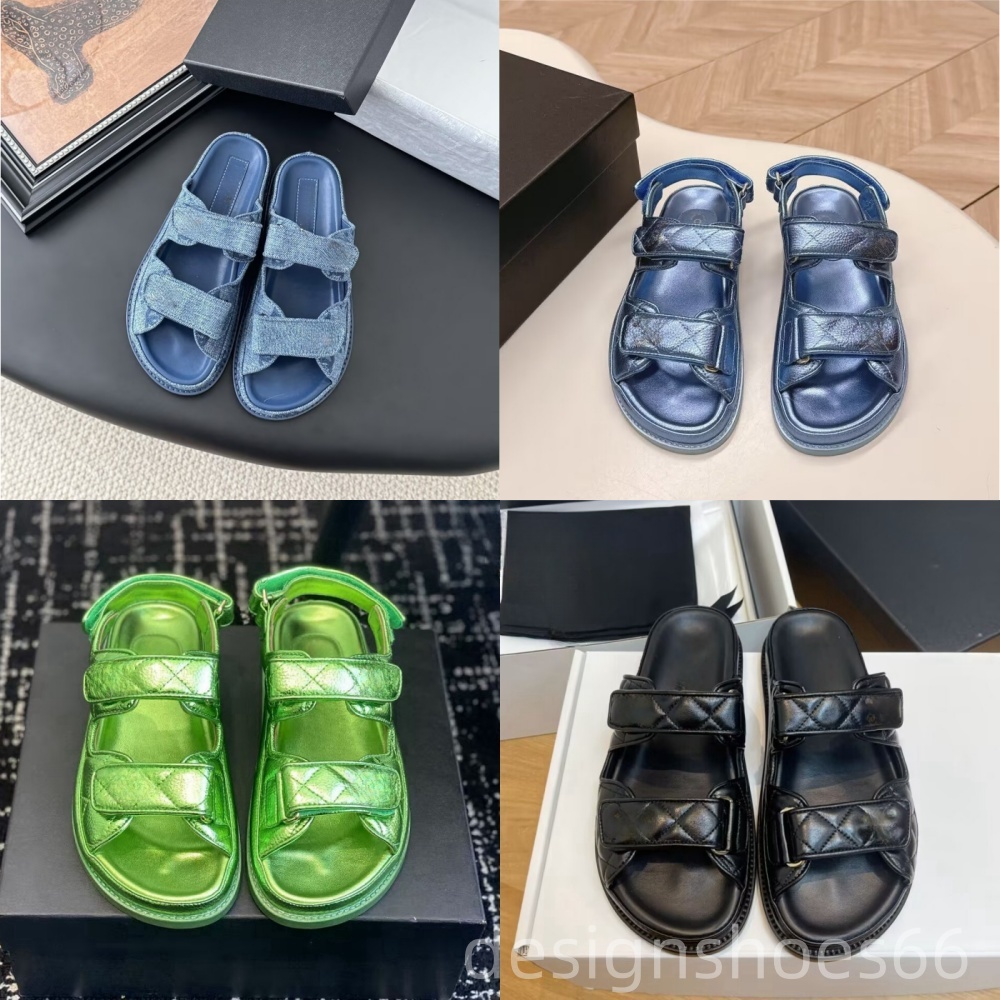 designer women sandals slippers chaussure casual classic slides genuine leather black green white Women front strap beach sliders summer shoes sandals with box