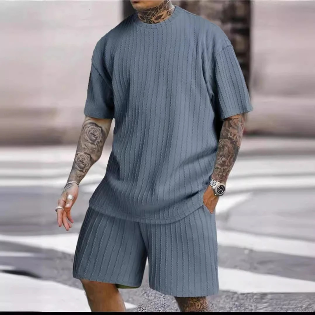 2025 Mens Sportswear Project Solid Color Round Neck Pulling Flower Vertical Pattern Casual Comfort Tshirt Two Piece Set 250326