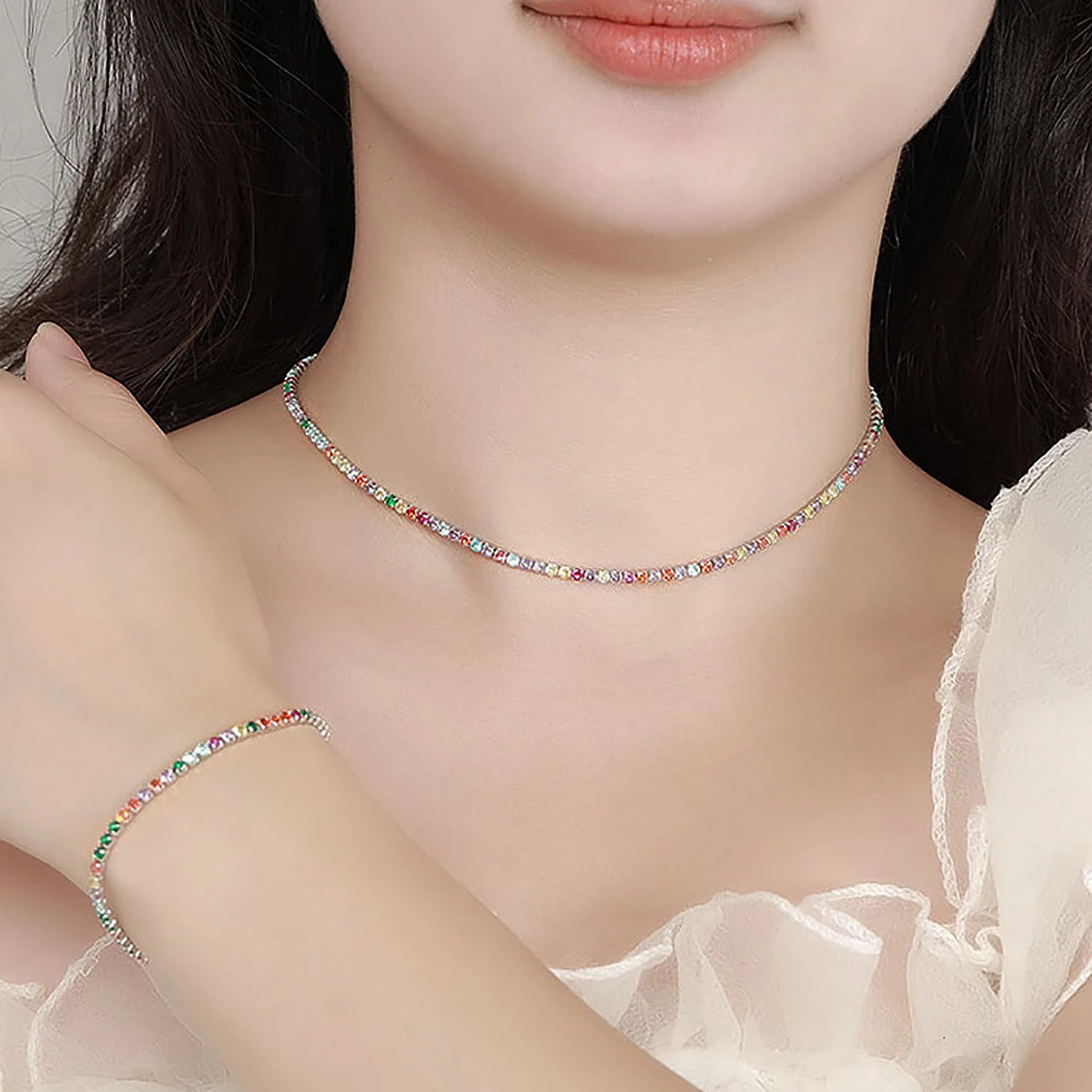 2.5/3mm Round Rainbow Tennis Necklace Womens Bracelet S925 Silver High Carbon Diamond Necklace Exquisite Jewelry 250322