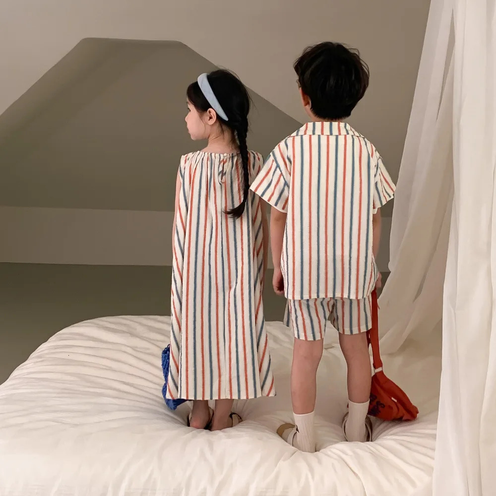 5341C Brother and Sister Clothes Summer Striped Sleeveless Girls Vest Dress Or Boys Suit Short-sleeved ShirtShort 250326