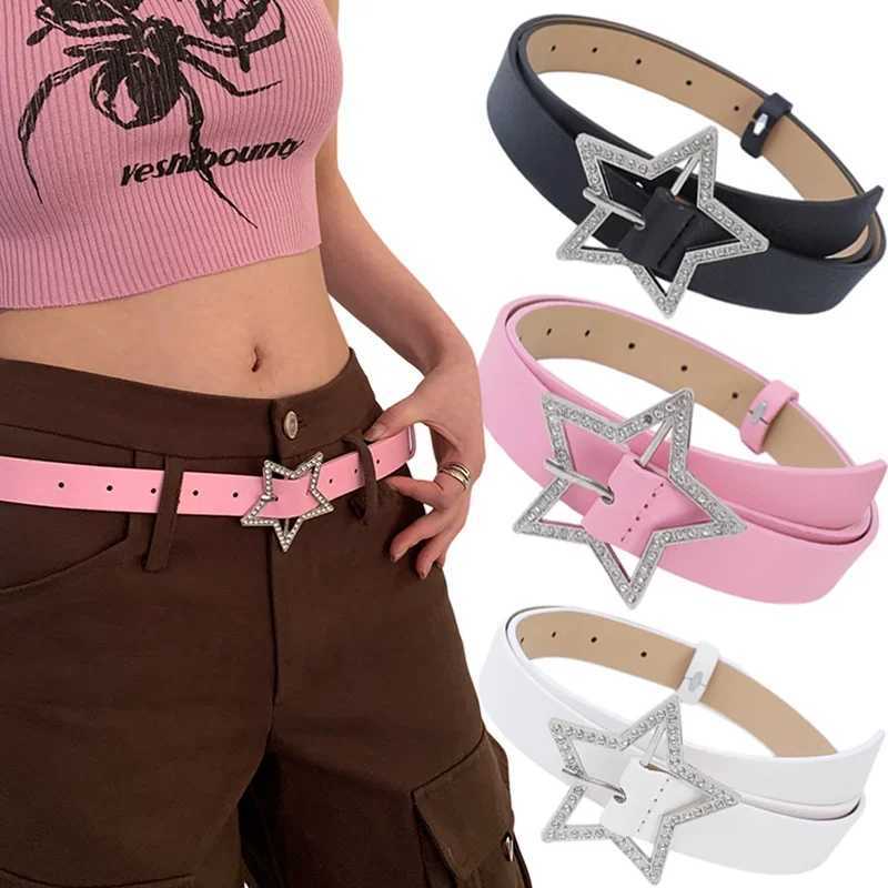 Y2K Womens Spicy Girl with Pink Black White Denim Star PU Leather Rhinestone Belt Ins Sweet Cool Tight Jeans Belt W250326