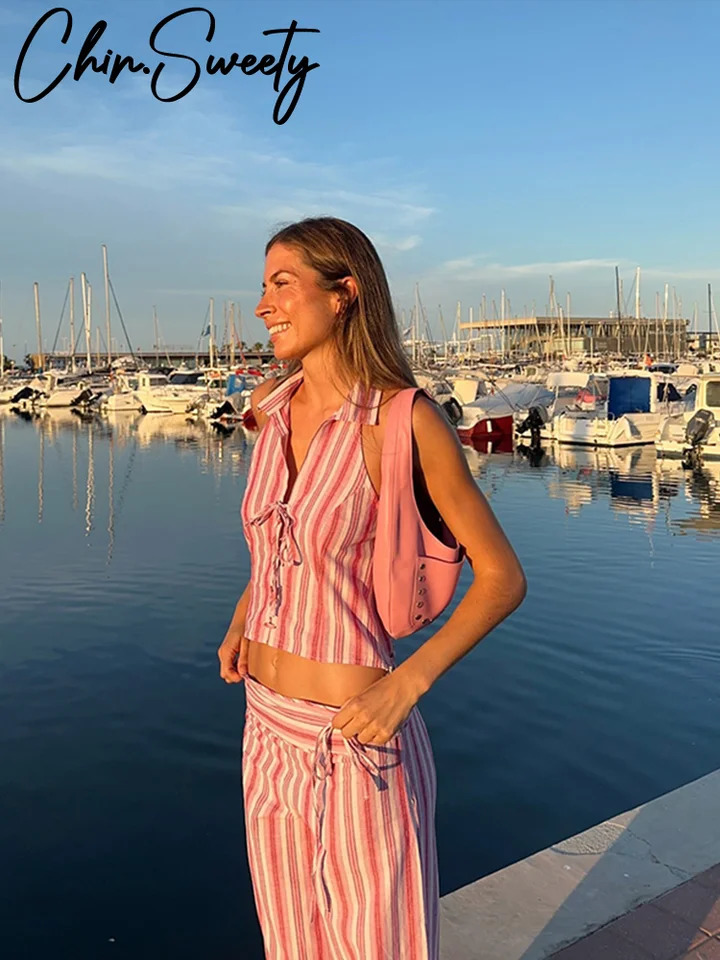 Striped Lace Up Vest Pants Set Women Slim Sleeveless Backless Top Trousers Sets Female 2025 Summer Lady Streetwear Outfit 250325