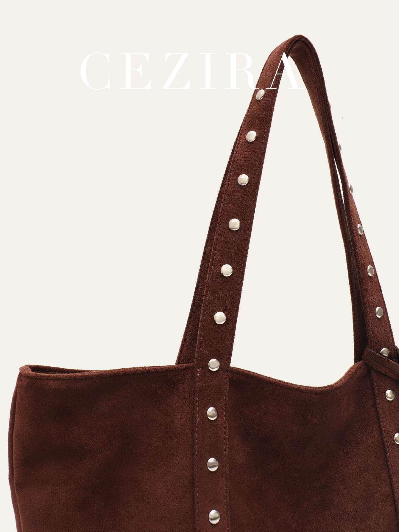 CR Brand Women's Fashion Faux Suede Fabric Tote Rivets Decor Large Shoulder Handbag Hanging With A Small Coin Purse Daily