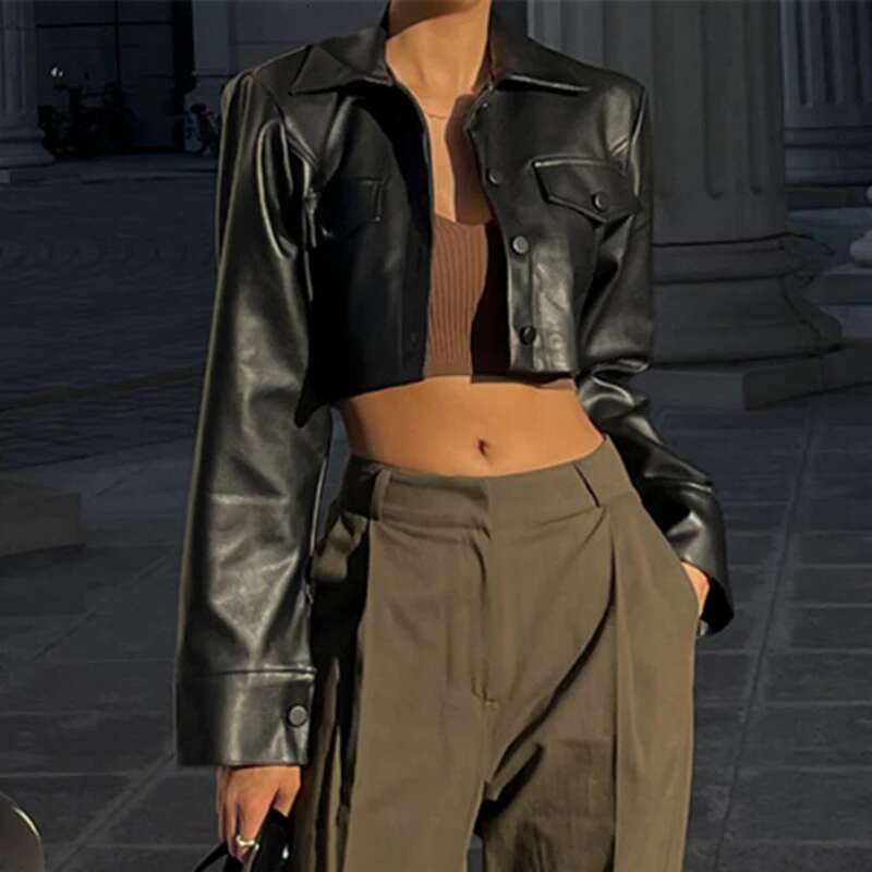 Candyhot Autumn Faux Leather Short Jacket Y2k Turn-Down Collar Fashion Botton Decoration PU Coat 2024 Grunge Street Casual Coats