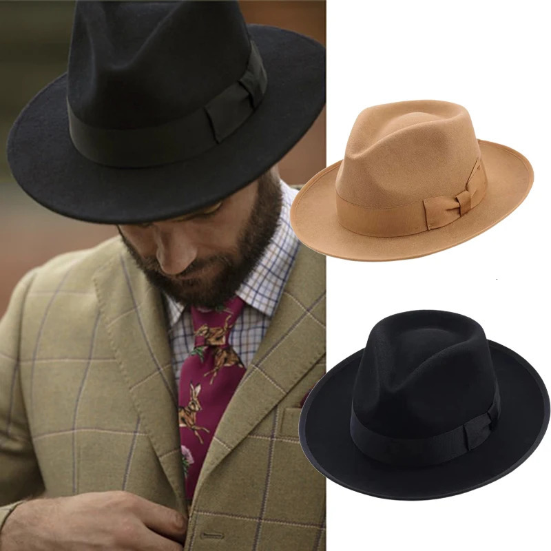 Black Fedora hat unisex wide brown jazz top hat autumn winter classic elegant Panama hat gentleman hat wholesale Chapeau 250325