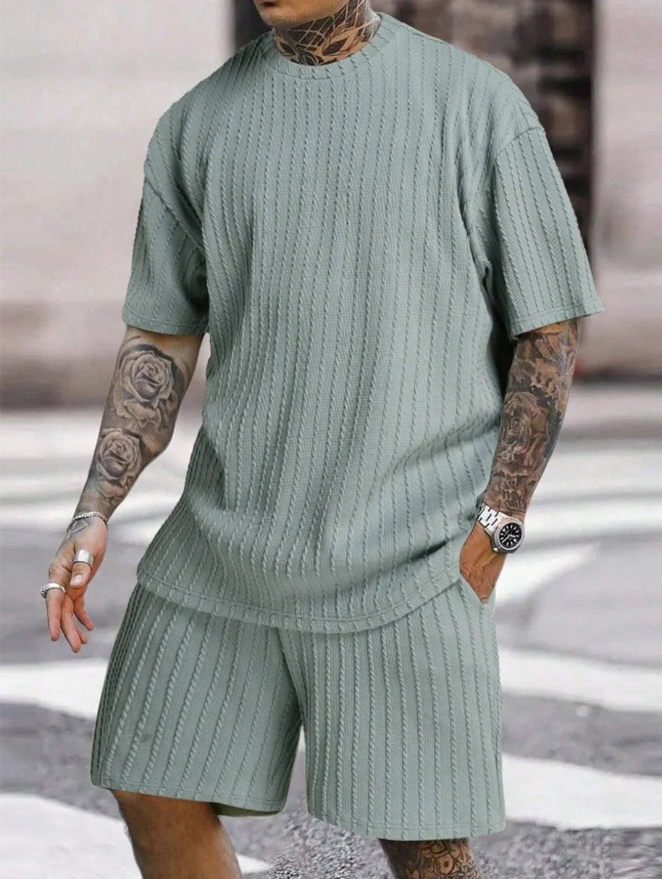 Mens Knitted Short Sleeve and Set Solid Color Casual Lightweight Beach Wear with Elastic Waist 250326