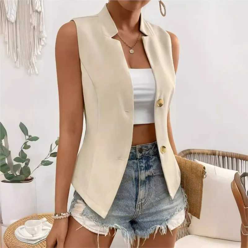 Womens solid V-neck ultra-thin vest single chest European style commuting elegant womens fashion jacket for spring and summer M250326