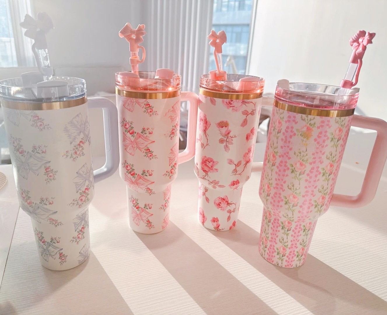 US Warehouse 40 oz Love Shack Fancy Cups With Bow Topper 40oz Floral Stainless Steel Tumblers with handle Lid And Straw Travel Car Mugs Pink Flamingo Water Bottles 0324